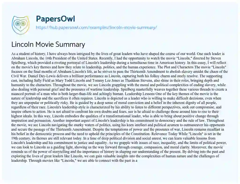 Essay on Lincoln Movie Summary