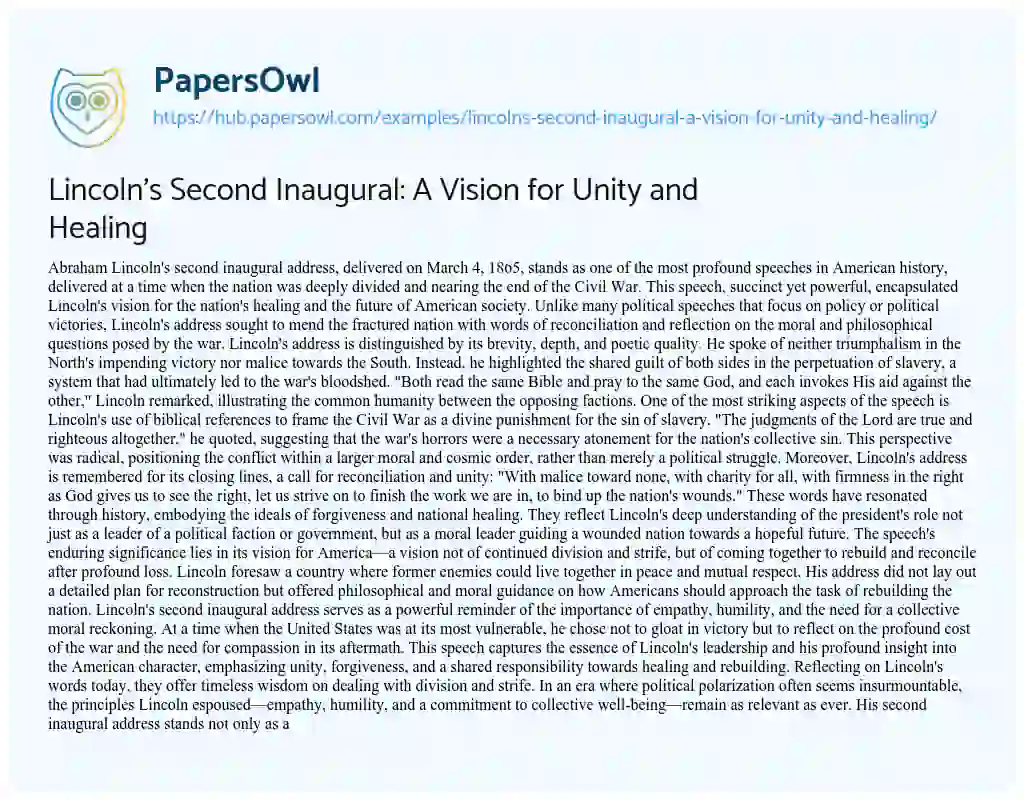 Essay on Lincoln’s Second Inaugural: A Vision for Unity and Healing
