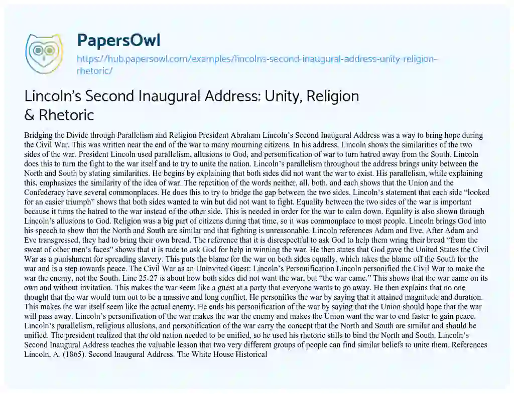 Essay on Lincoln’s Second Inaugural Address: Unity, Religion & Rhetoric