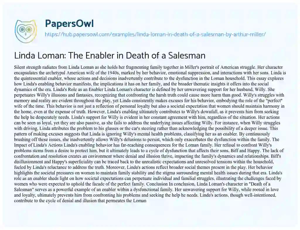 Essay on Linda Loman: The Enabler in Death of a Salesman