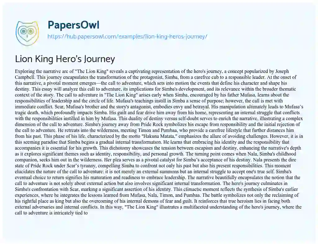 Essay on Lion King Hero’s Journey