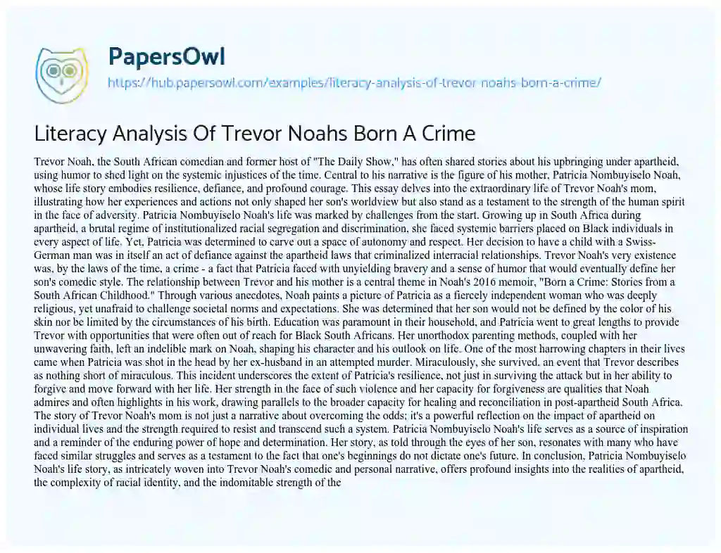 Essay on Literacy Analysis Of Trevor Noahs Born A Crime