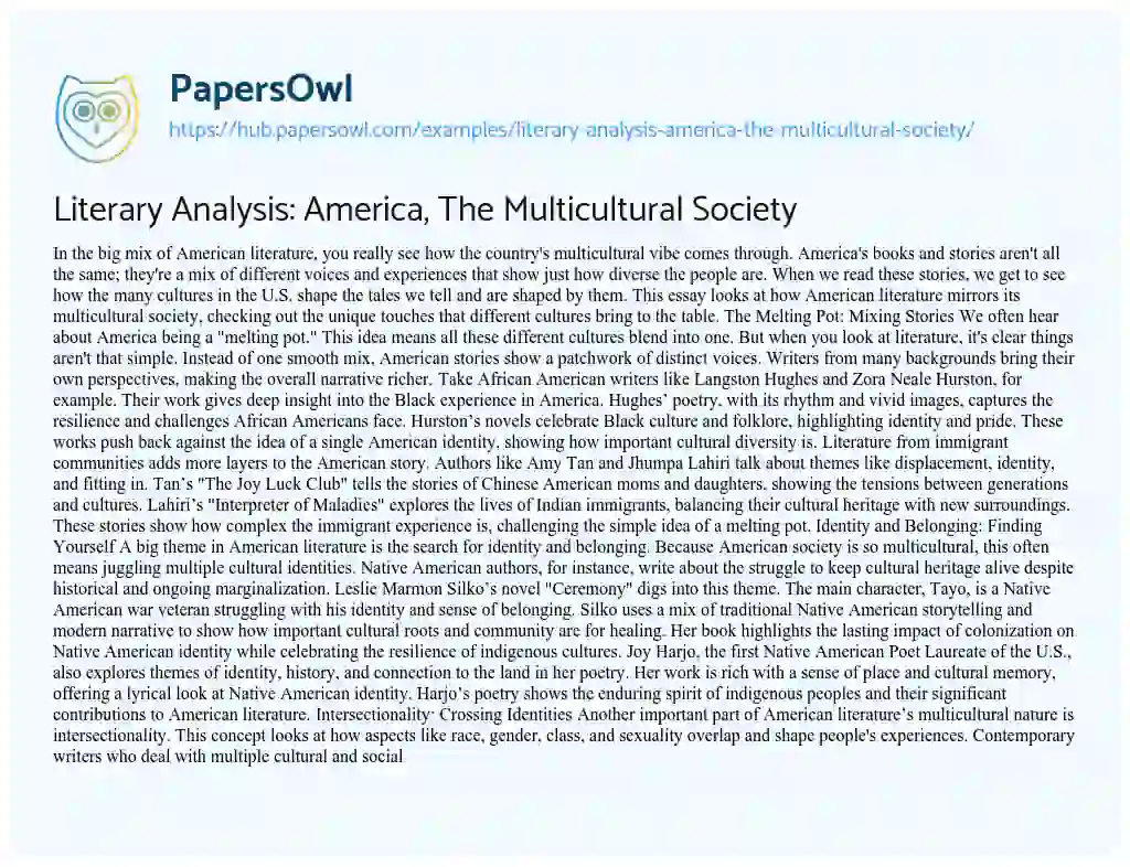 Essay on Literary Analysis: America, The Multicultural Society