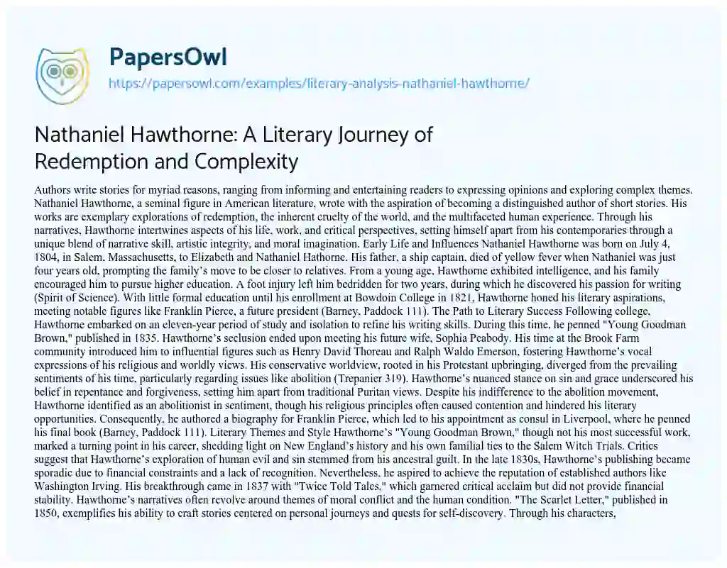 Essay on Nathaniel Hawthorne: A Literary Journey of Redemption and Complexity