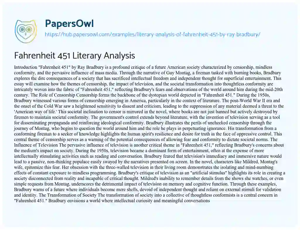 Essay on Fahrenheit 451 Literary Analysis