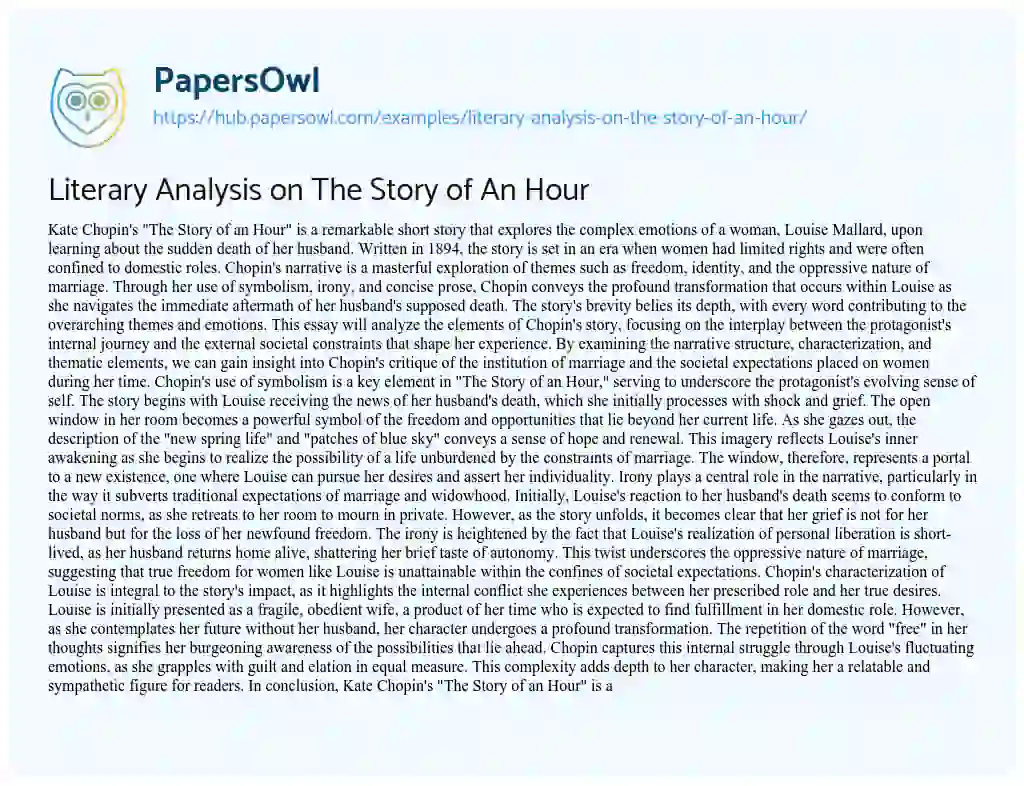 Essay on Literary Analysis on The Story of An Hour