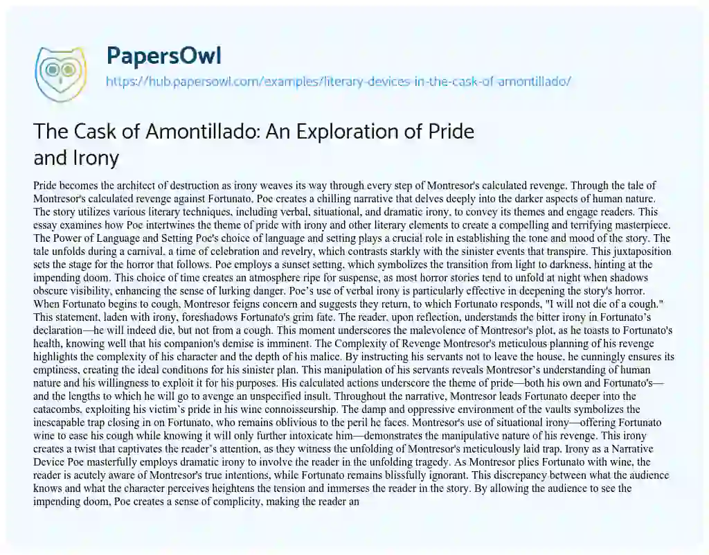 Essay on The Cask of Amontillado: An Exploration of Pride and Irony