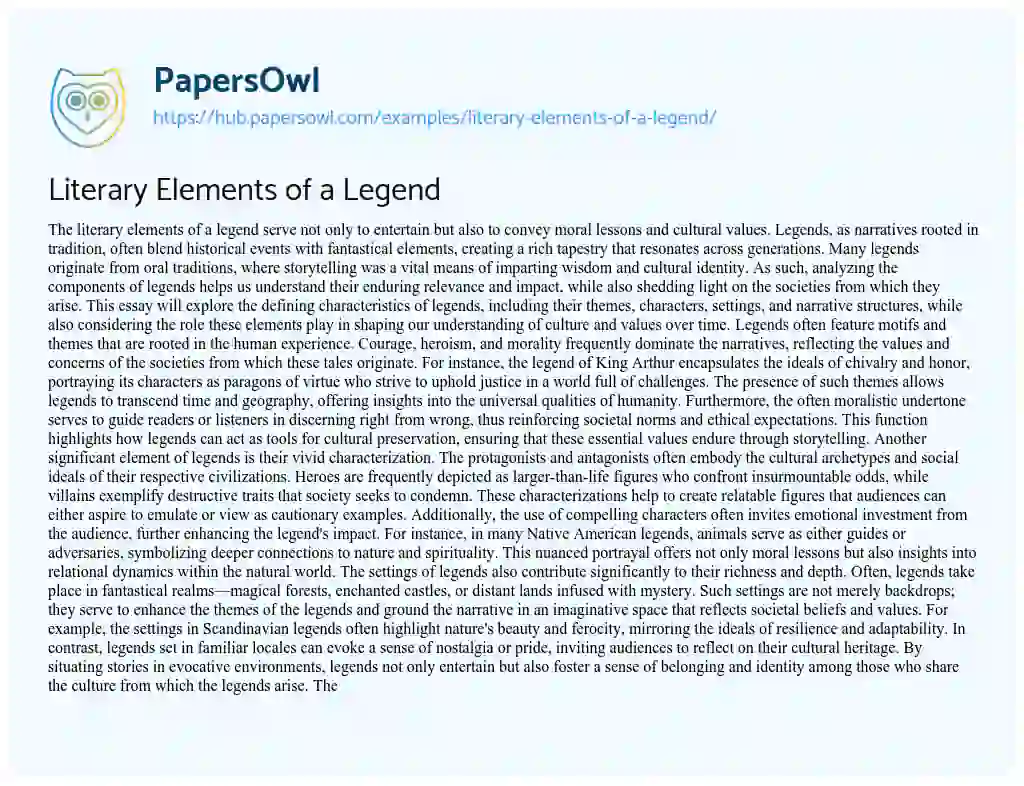 Essay on Literary Elements of a Legend