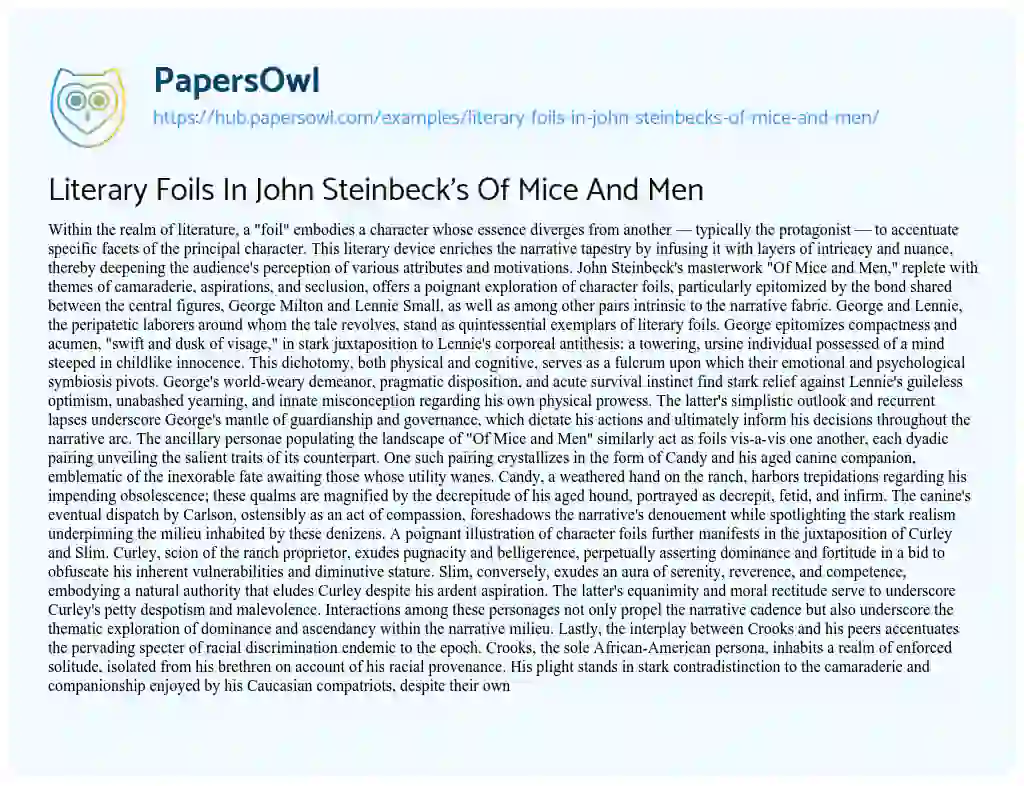 Essay on Literary Foils In John Steinbeck’s Of Mice And Men