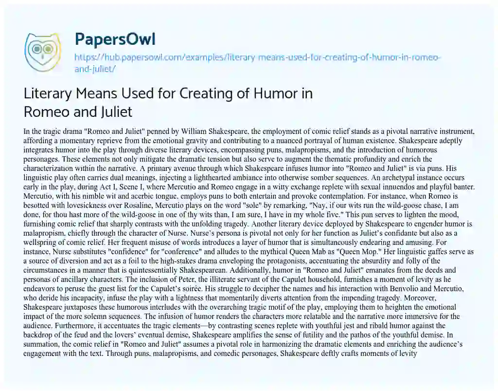 Essay on Literary Means Used for Creating of Humor in Romeo and Juliet