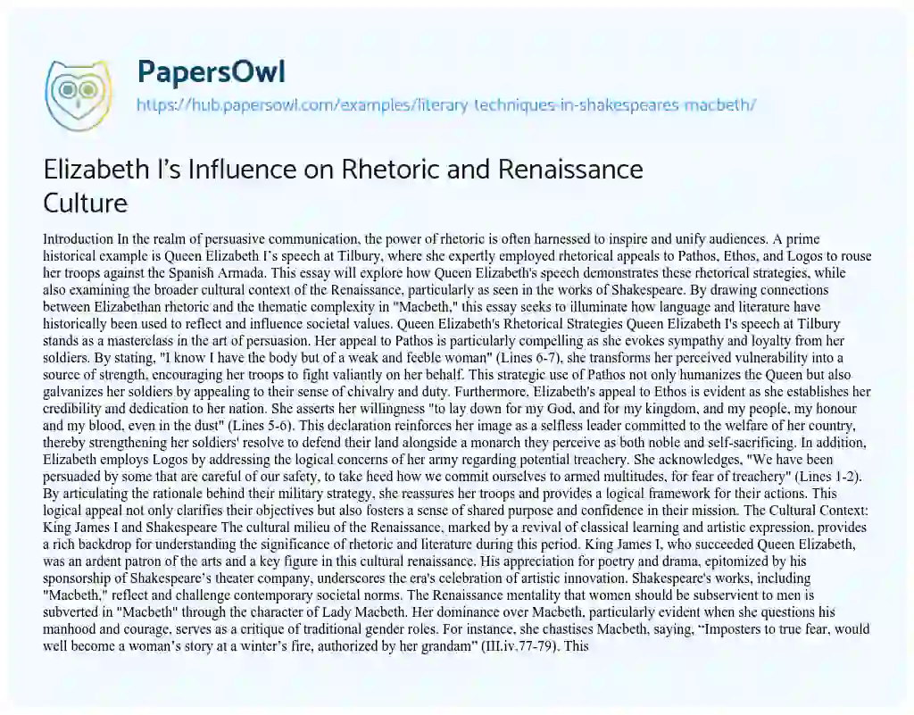 Essay on Elizabeth I’s Influence on Rhetoric and Renaissance Culture