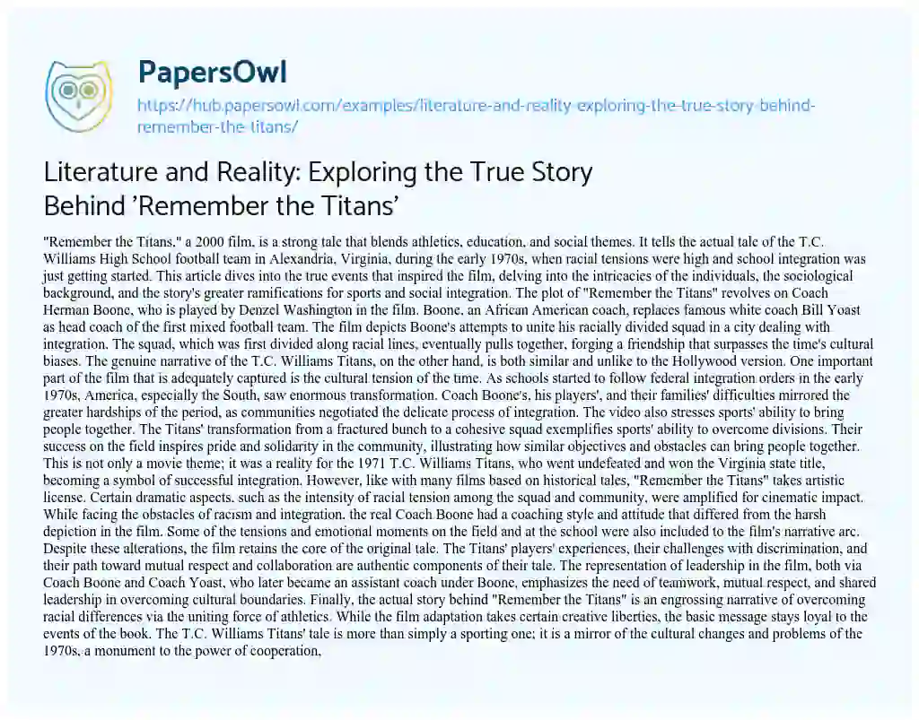 Essay on Literature and Reality: Exploring the True Story Behind ‘Remember the Titans’