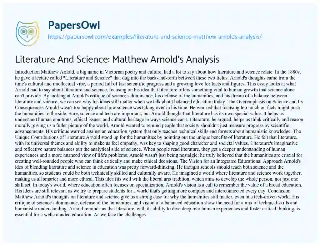 Essay on Literature And Science: Matthew Arnold’s Analysis