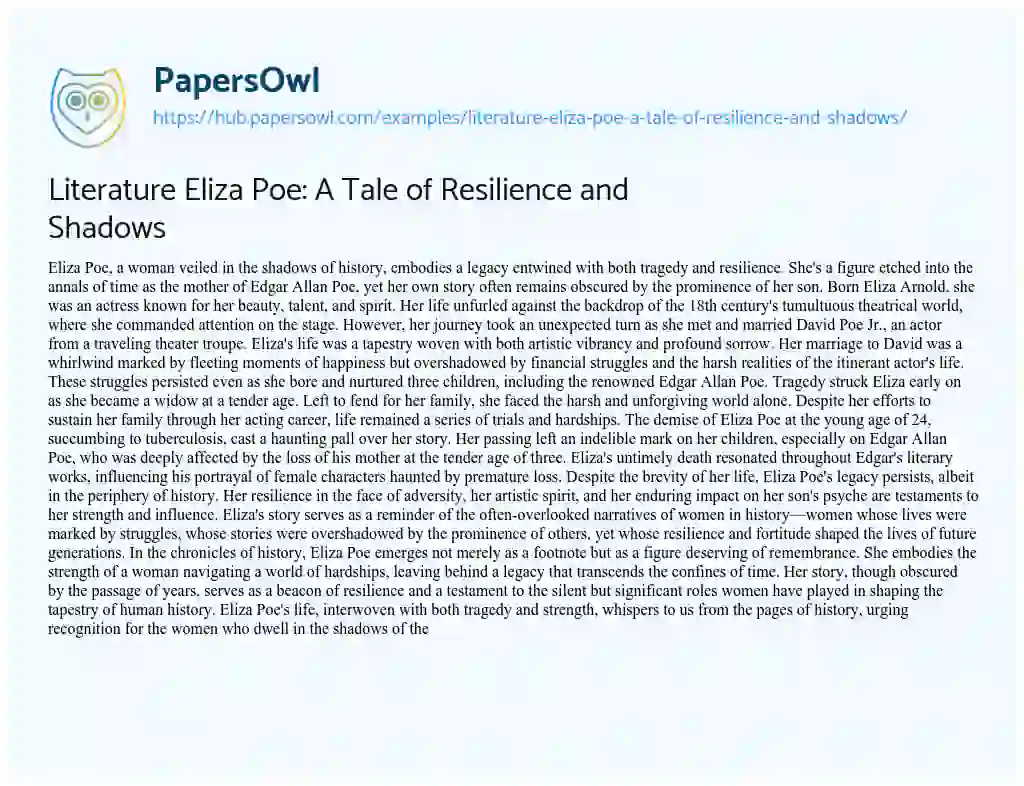 Essay on Literature Eliza Poe: A Tale of Resilience and Shadows