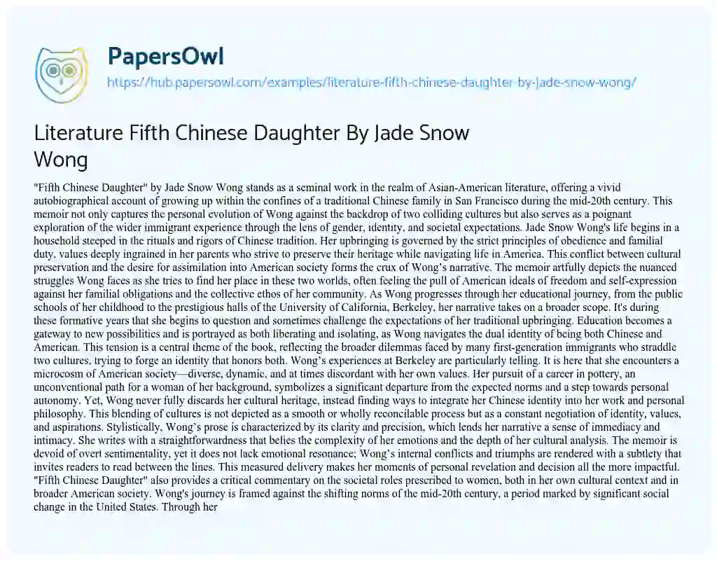 Essay on Literature Fifth Chinese Daughter By Jade Snow Wong