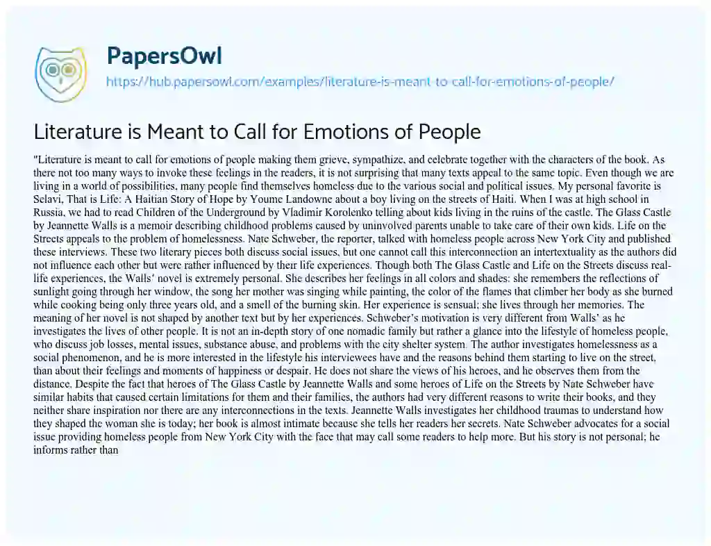 Essay on Literature is Meant to Call for Emotions of People