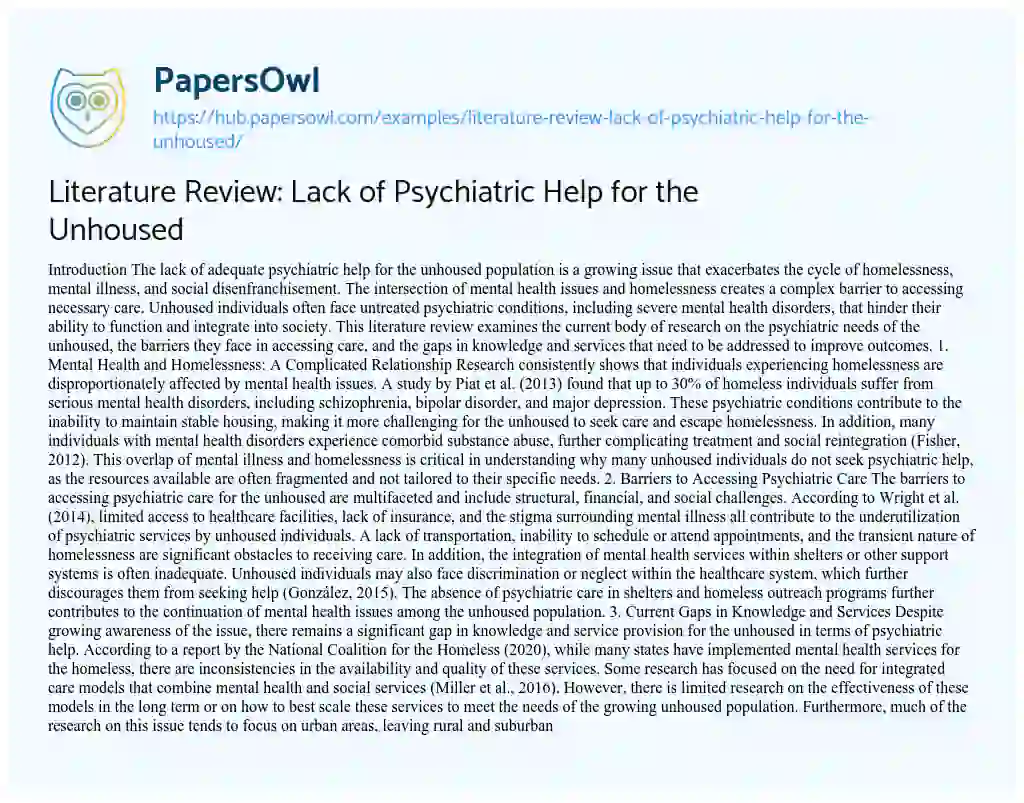 Essay on Literature Review: Lack of Psychiatric Help for the Unhoused