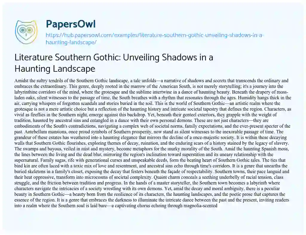 Essay on Literature Southern Gothic: Unveiling Shadows in a Haunting Landscape