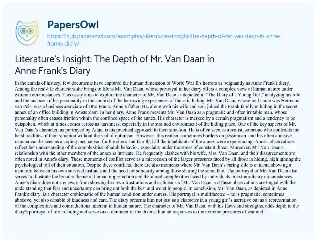 Essay on Literature’s Insight: The Depth of Mr. Van Daan in Anne Frank’s Diary