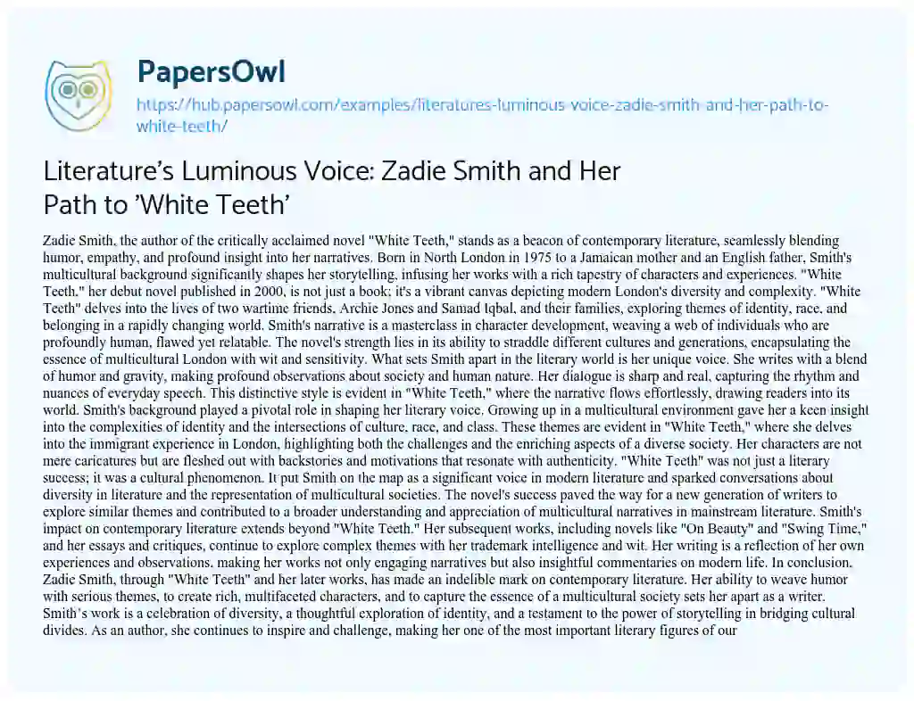 Essay on Literature’s Luminous Voice: Zadie Smith and Her Path to ‘White Teeth’