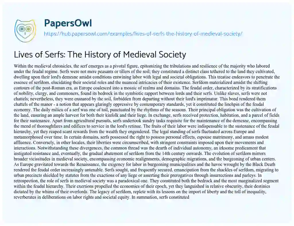 Essay on Lives of Serfs: The History of Medieval Society
