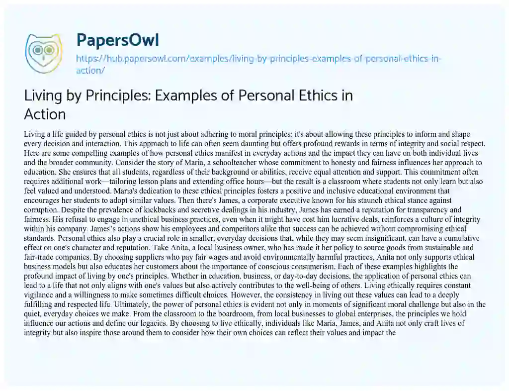 Essay on Living by Principles: Examples of Personal Ethics in Action