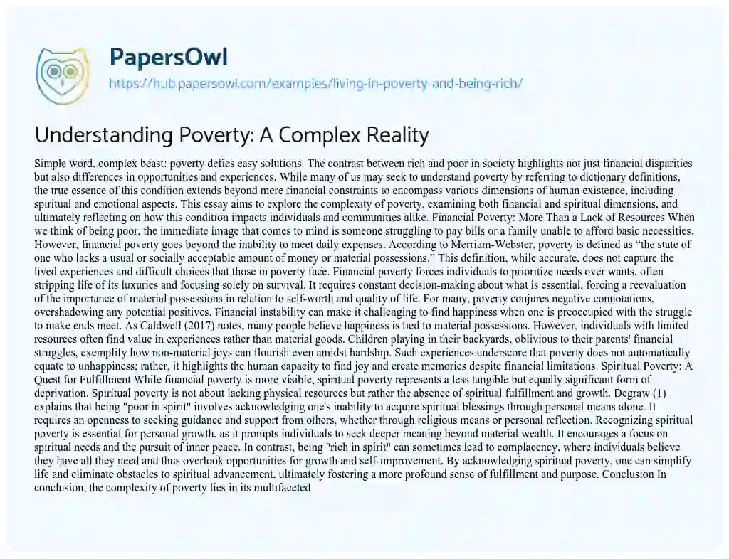 Essay on Understanding Poverty: A Complex Reality