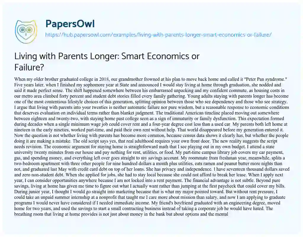 Essay on Living with Parents Longer: Smart Economics or Failure?