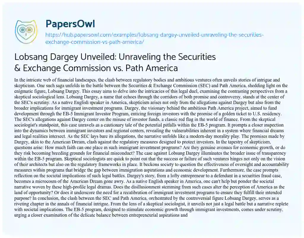 Essay on Lobsang Dargey Unveiled: Unraveling the Securities & Exchange Commission vs. Path America