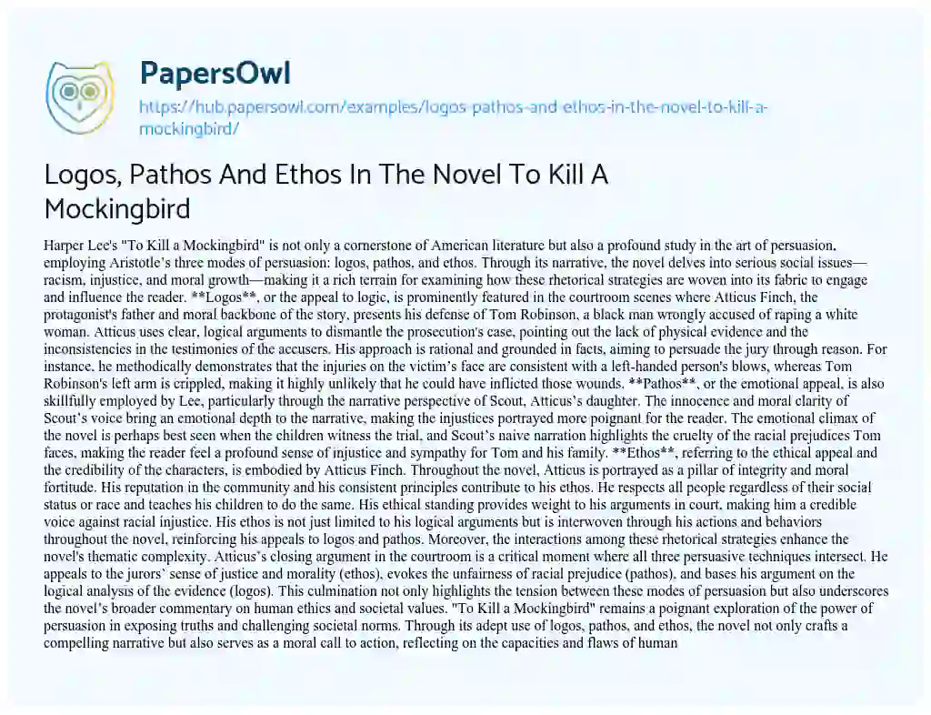 Essay on Logos, Pathos And Ethos In The Novel To Kill A Mockingbird