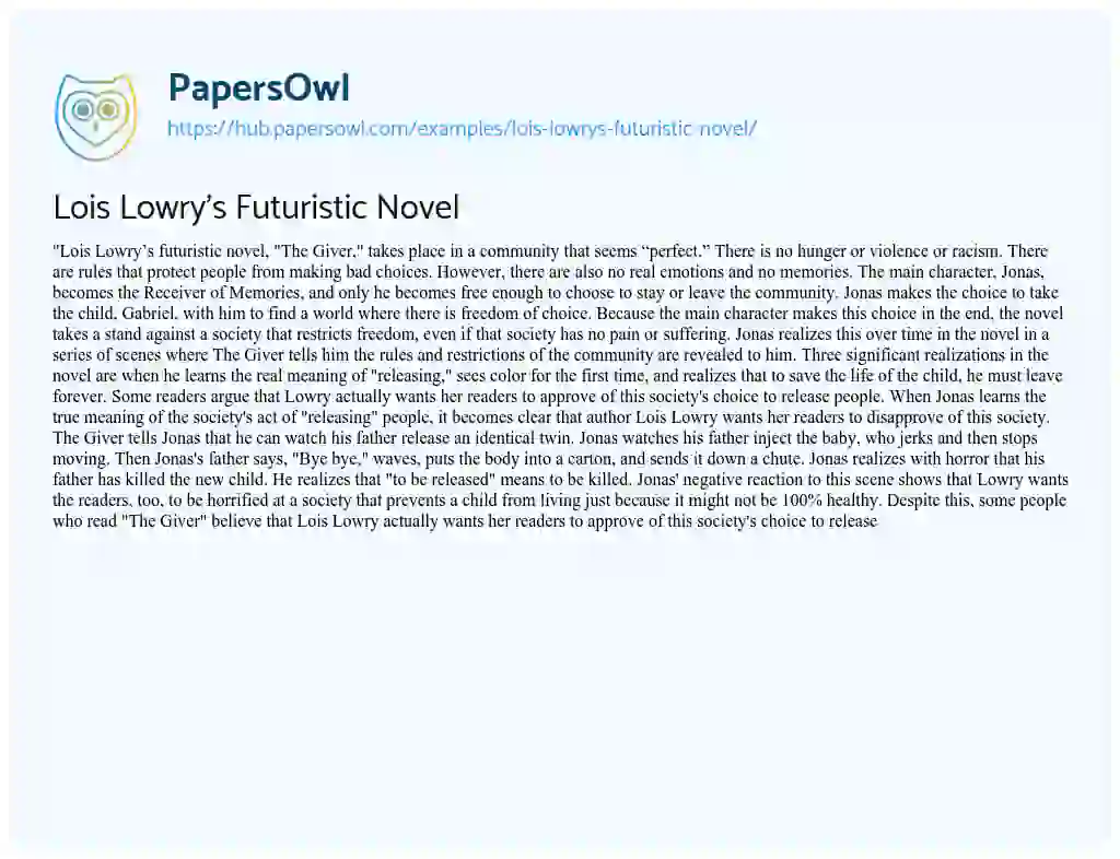 Essay on Lois Lowry’s Futuristic Novel