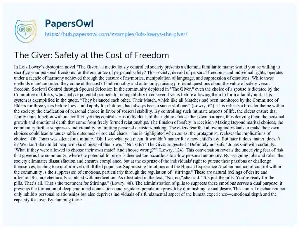 Essay on The Giver: Safety at the Cost of Freedom