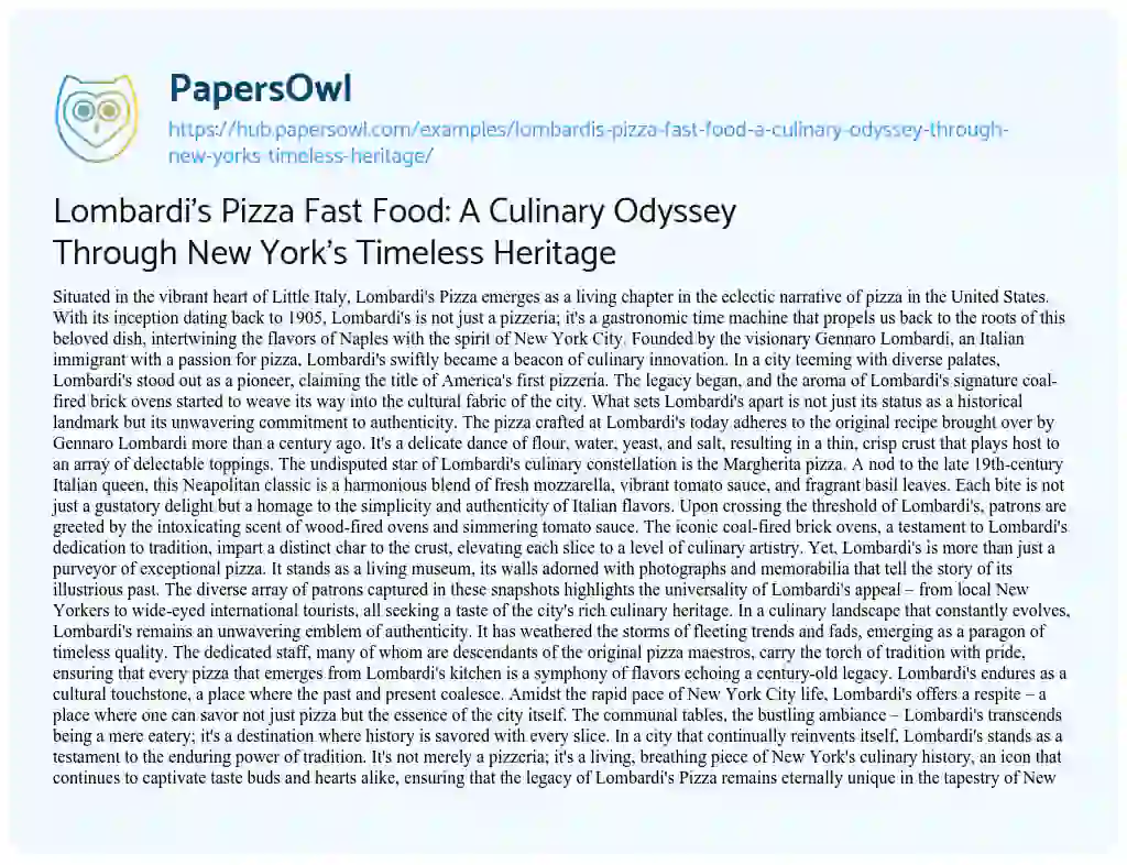 Essay on Lombardi’s Pizza Fast Food: A Culinary Odyssey Through New York’s Timeless Heritage