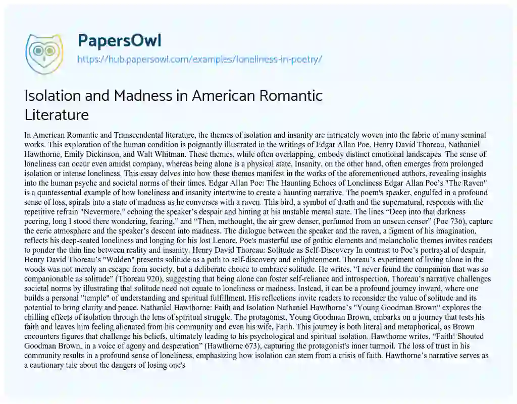 Essay on Isolation and Madness in American Romantic Literature