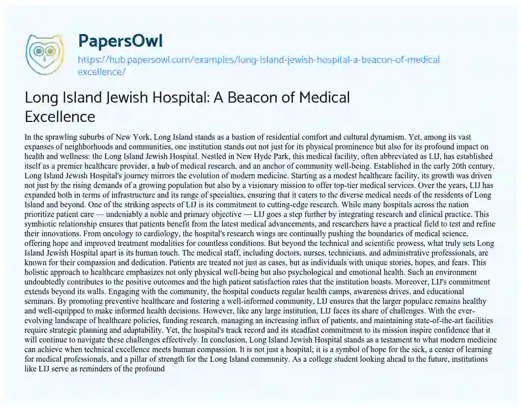Essay on Long Island Jewish Hospital: A Beacon of Medical Excellence
