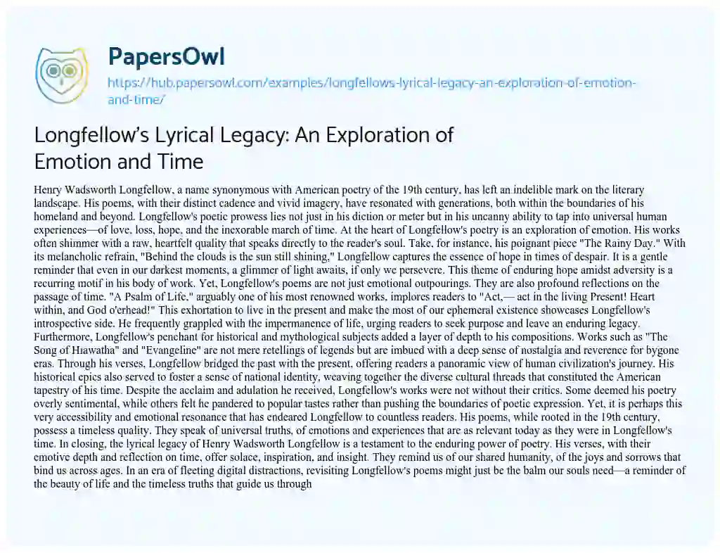Essay on Longfellow’s Lyrical Legacy: An Exploration of Emotion and Time