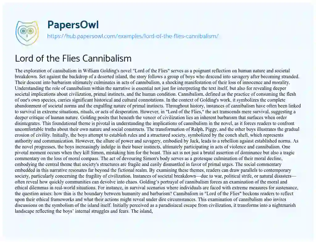 Essay on Lord of the Flies Cannibalism