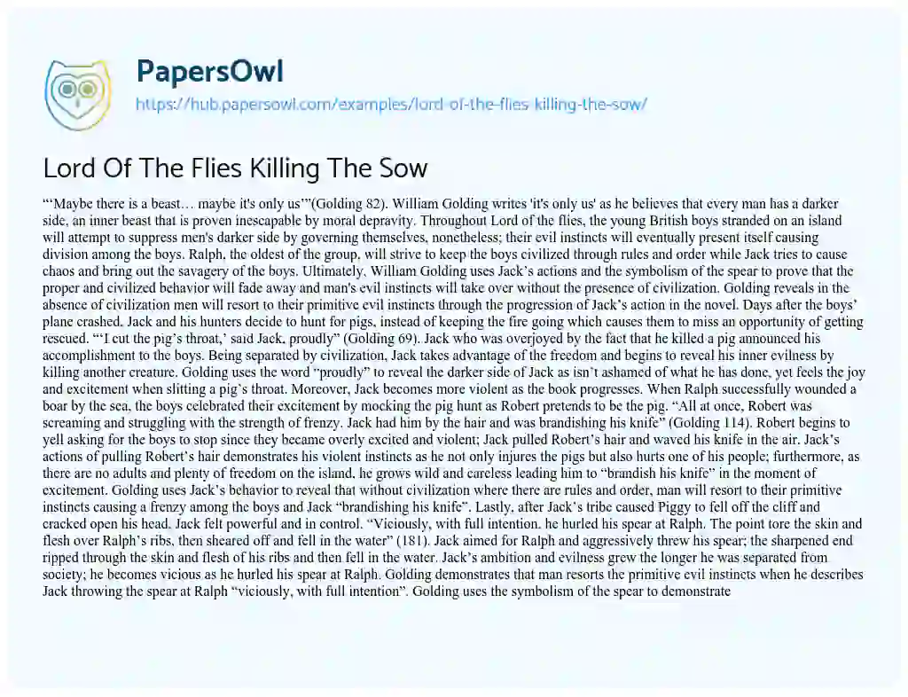 Essay on Lord Of The Flies Killing The Sow