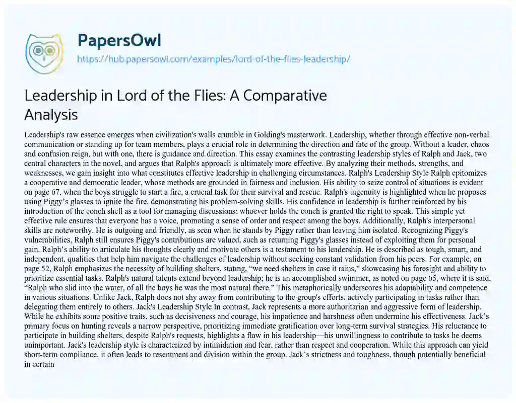 Essay on Leadership in Lord of the Flies: A Comparative Analysis