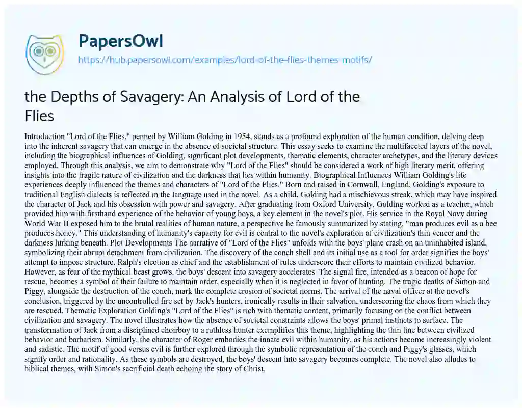 Essay on the Depths of Savagery: An Analysis of Lord of the Flies