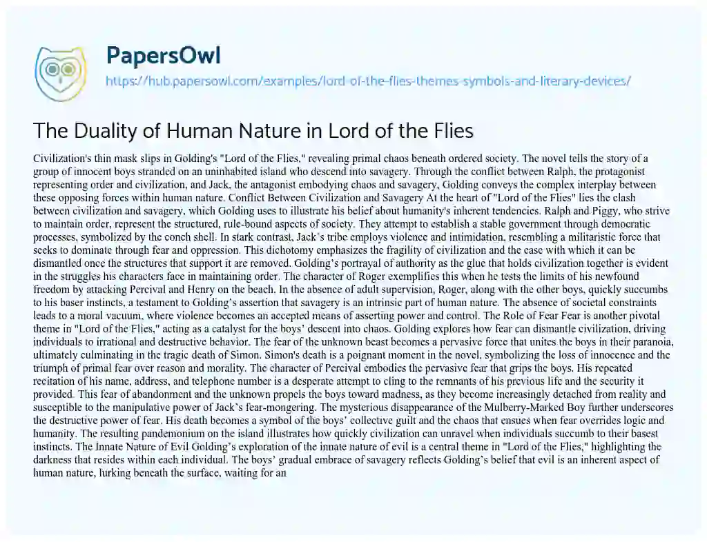 Essay on The Duality of Human Nature in Lord of the Flies