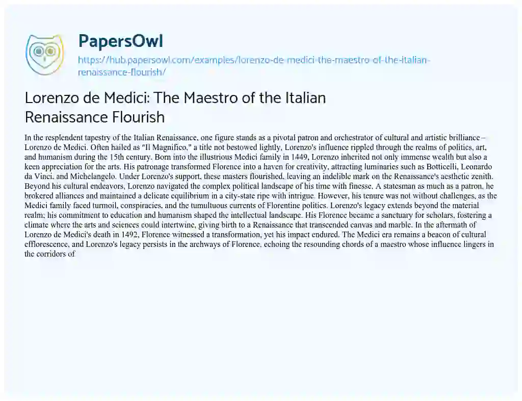 Essay on Lorenzo de Medici: The Maestro of the Italian Renaissance Flourish