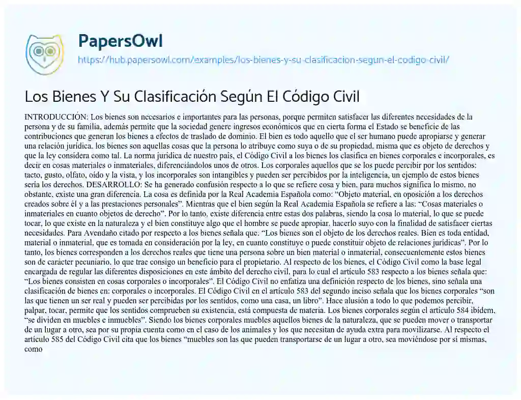 Essay on Los Bienes Y Su Clasificación Según El Código Civil