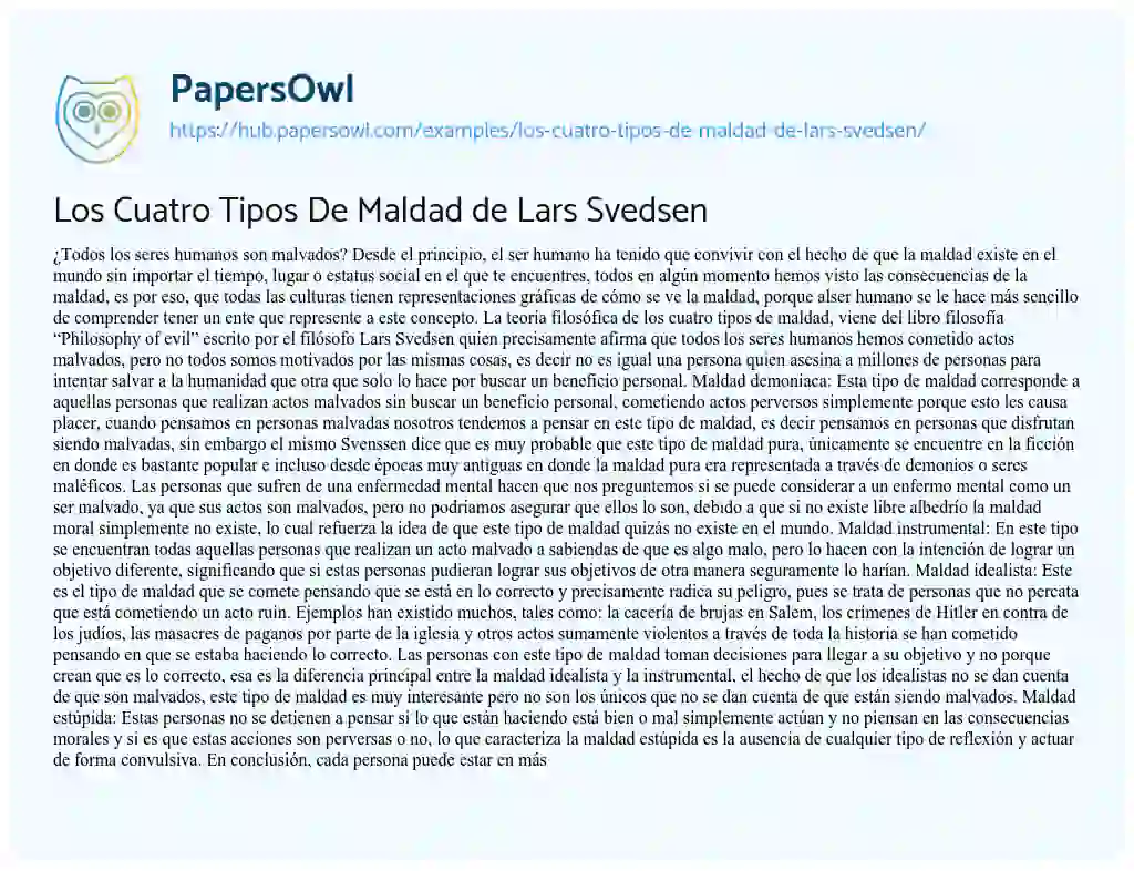 Essay on Los Cuatro Tipos De Maldad de Lars Svedsen