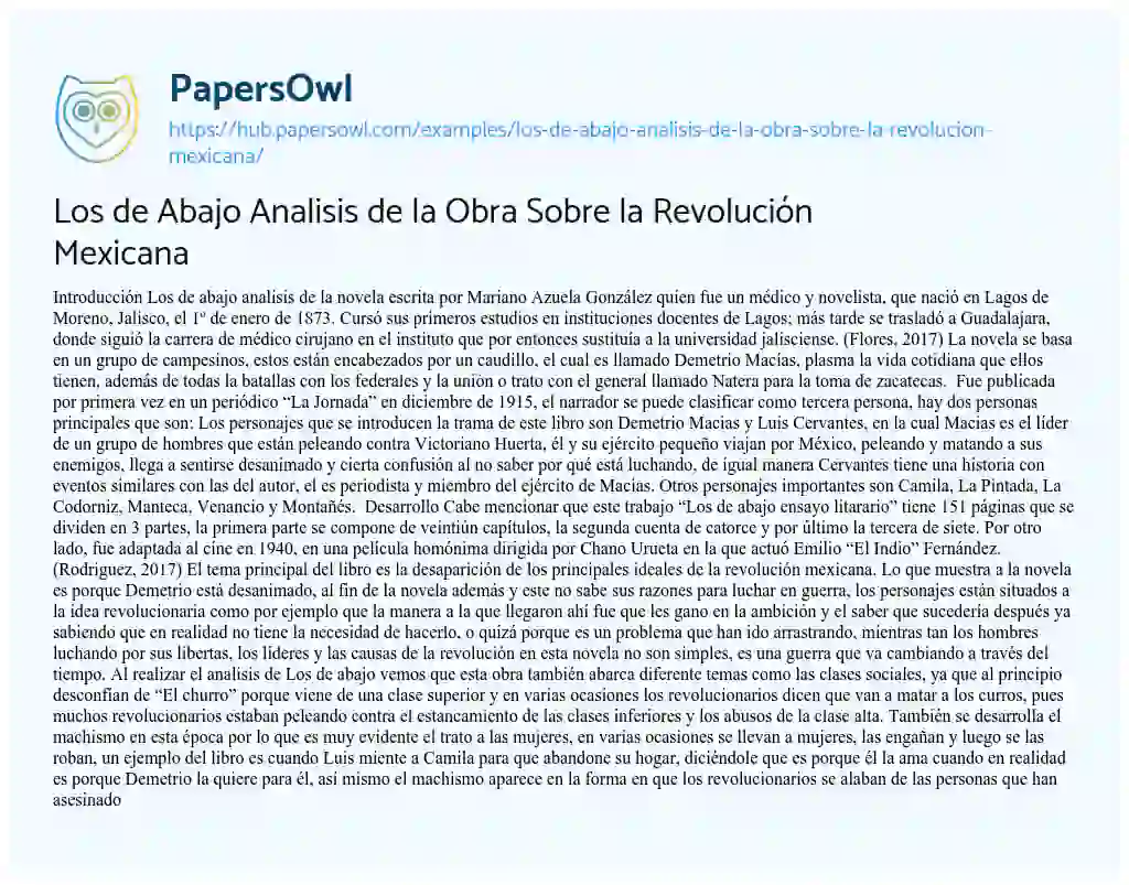 Essay on Los de Abajo Analisis de la Obra Sobre la Revolución Mexicana