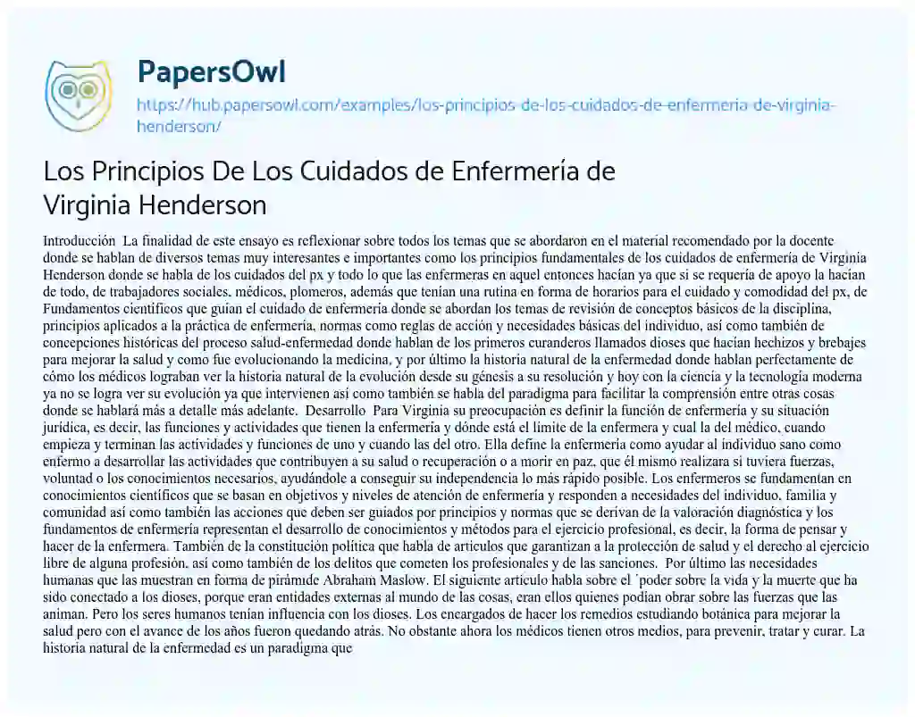 Essay on Los Principios De Los Cuidados de Enfermería de Virginia Henderson