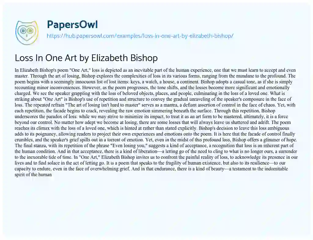 Essay on Loss In One Art by Elizabeth Bishop