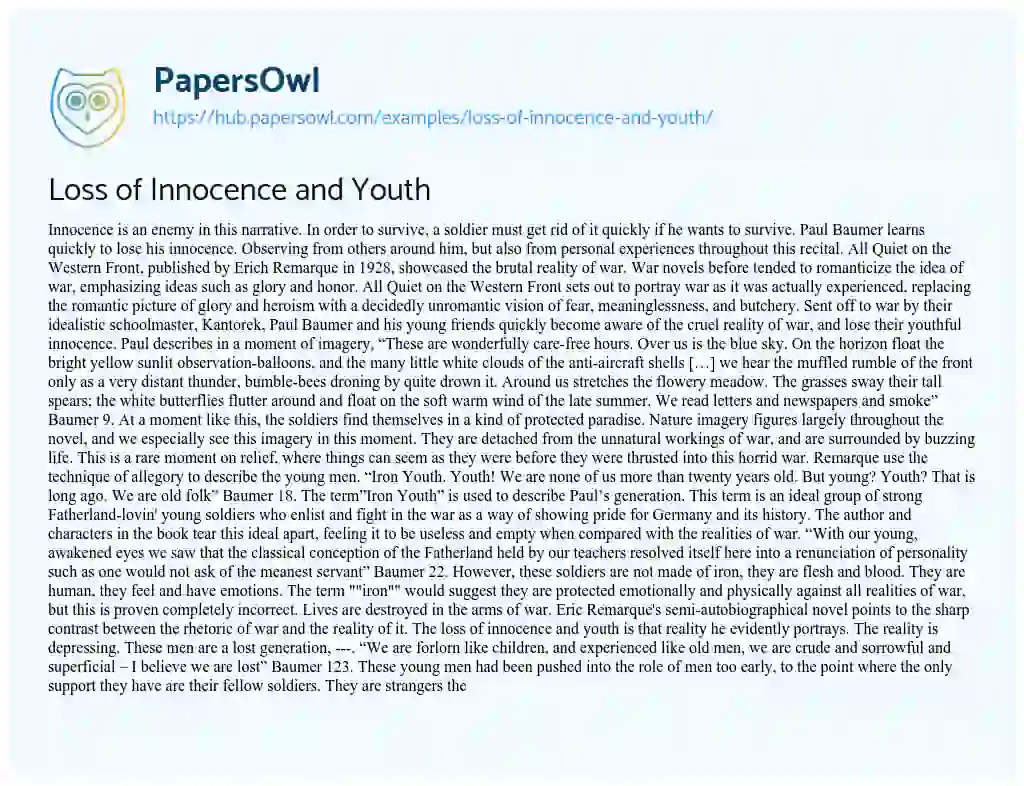 Essay on Loss of Innocence and Youth