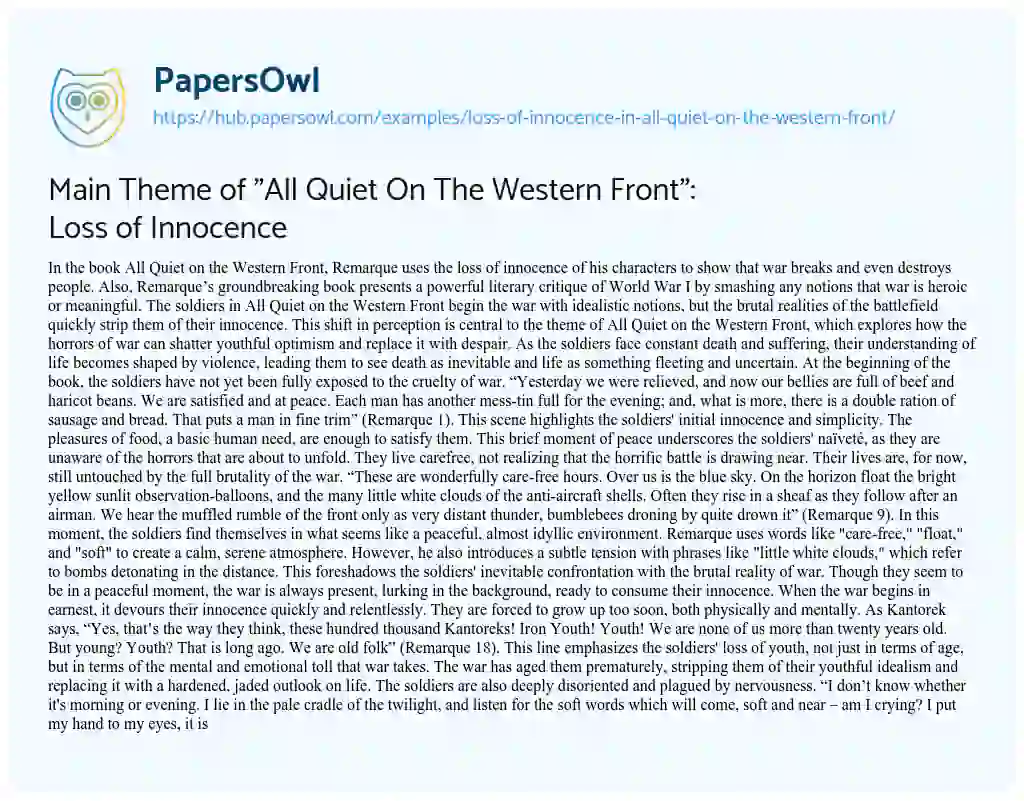 Essay on Main Theme of “All Quiet On The Western Front”: Loss of Innocence