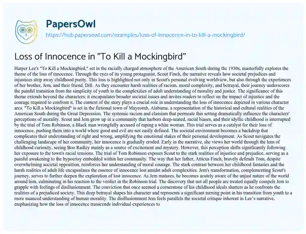 Essay on Loss of Innocence in “To Kill a Mockingbird”